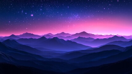 Obraz premium A depiction of a nighttime sky filled with stars above mountains. A cartoon landscape of a starry universe galaxy. A dreamy space cosmos wallpaper featuring vibrant, fresh blue and purple fantasy