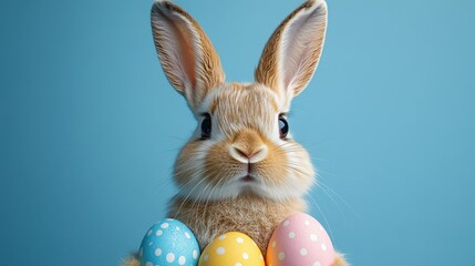 Happy Easter party concept. Easter bunny with colorful painted white, pink, blue and yellow eggs on isolated pastel blue background. Celebrating Easter holiday. front view, place for text or logo