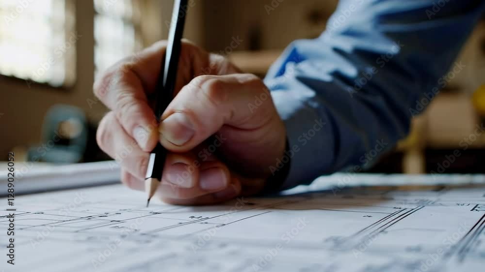 Aufkleber Technical blueprint drawing revealing precision engineering workflow. Professional male carefully sketching architectural design details in workshop environment using close up slow motion perspective
