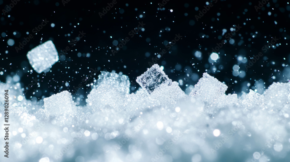 Poster sparkling sugar crystals falling against dark background for culinary and design concepts