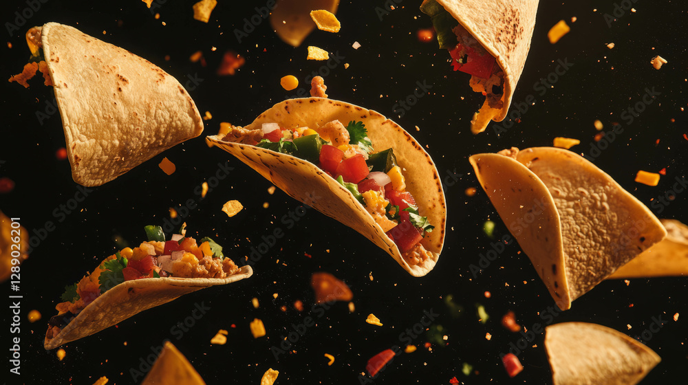 Poster dynamic background of falling tacos with varied fillings for creative design