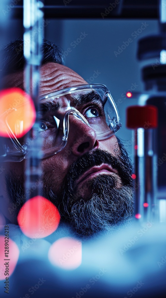 Poster scientist analyzing data in -tech lab innovative research environment close-up perspective