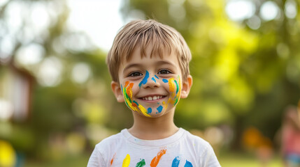 A young boy with paint on his face is smiling