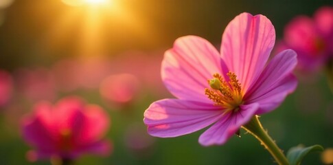 Obraz premium Pink Evening Primrose in full bloom with golden light, garden blooms, nature