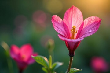 Fototapeta premium Pink Evening Primrose petals unfolding in the morning dew, flora, flowers, nature