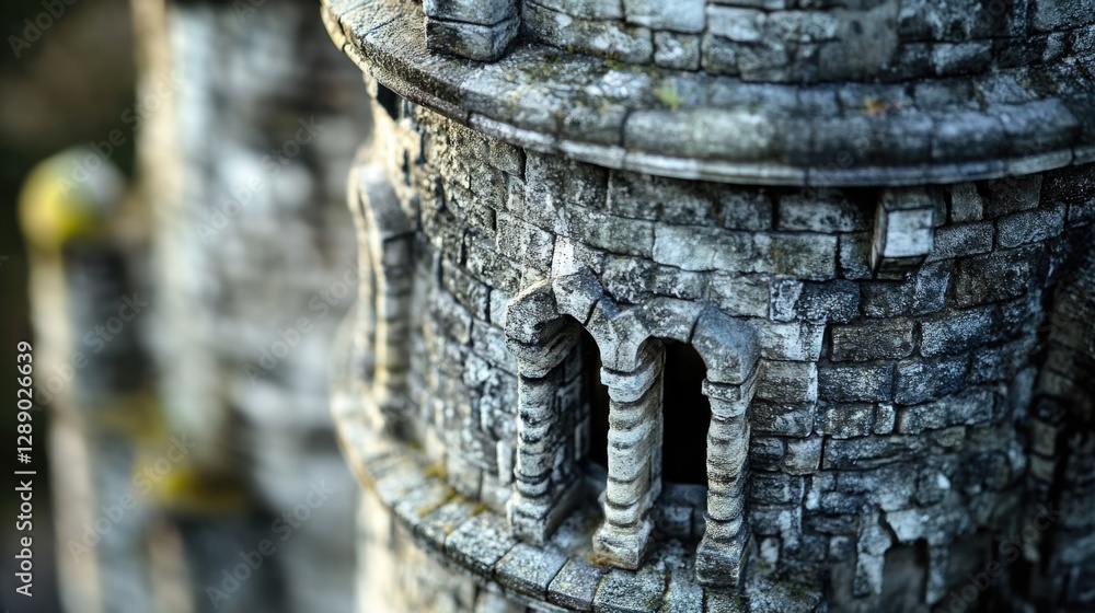 Poster Close up shot of a castle-like structure with intricate details and stone walls