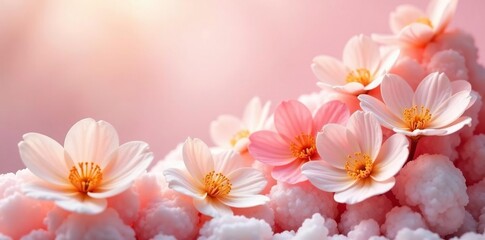Soft pink hues and delicate white calcite combine to create a visually stunning composition featuring an assortment of apricot-colored blooms, soft pink background, copy space, bloom