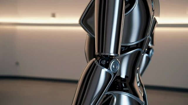 Metallic robot slowly walking into a job interview with business people in the background, showcasing the integration of artificial intelligence in the workplace