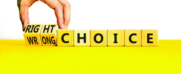 Right or wrong choice symbol. Concept words Right choice or Wrong choice on beautiful wooden...