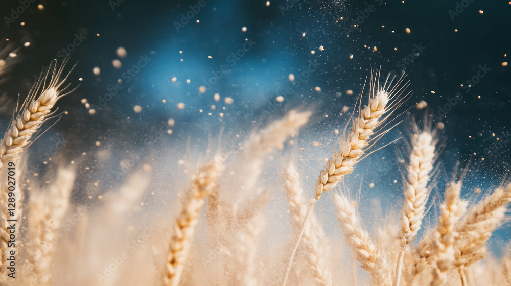 Poster wheat flour particles falling against soft white ear background for nature and baking themes