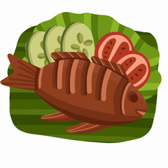 Vector illustration of grilled fish (ikan bakar), a traditional Indonesian seafood dish, served with fresh vegetables on banana leaves. Ideal for food icons, culinary branding, and restaurant graphics