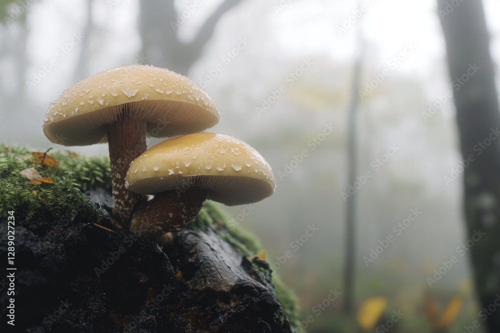 Poster a cluster of mushrooms growing on a decaying tree stump in a forest
