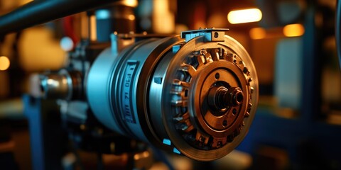 A mechanical device with a bright light shining from behind, suitable for use in industrial or technological contexts