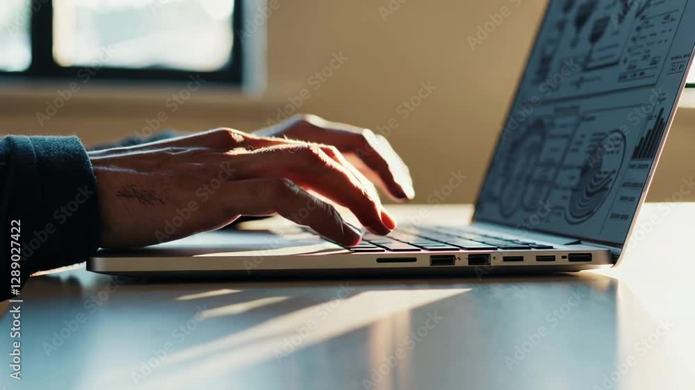 Aufkleber Close up slow motion of an engineer working on a laptop with charts and diagrams displayed on the screen, showcasing data analysis and problem solving