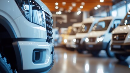 A car showroom displaying eco-friendly electric trucks. Featuring durability and sustainable power