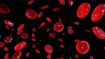 Falling red blood cells on black background