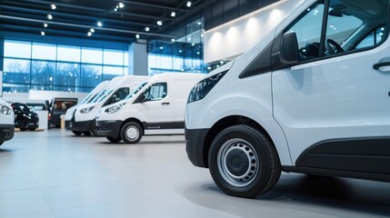 Obraz premium A car showroom displaying eco-friendly electric vans. Featuring functional design and zero-emissions technology