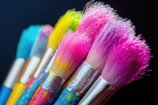 A close-up shot of a bunch of paint brushes lying on a surface