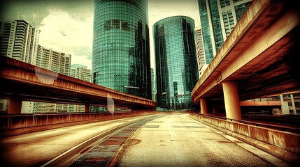 Modern City Buildings Seen From Below Elevated Transportation System