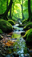 A crystal clear brook winds its way through moss-covered tree trunks and pebbled riverbeds, water, green