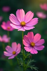 Obraz premium Pink cosmos flowers unfolding like tiny stars, garden blooms, blooming flowers