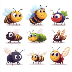 A collection of modern cartoon-style insect stickers, featuring friendly bees and bugs, illustrated in a flat style on a white background