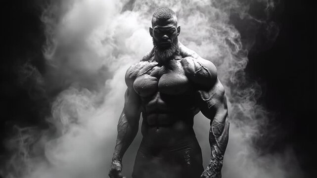 man in the dark,  bodybuilder in smoke, muscular, body monochrome, bw