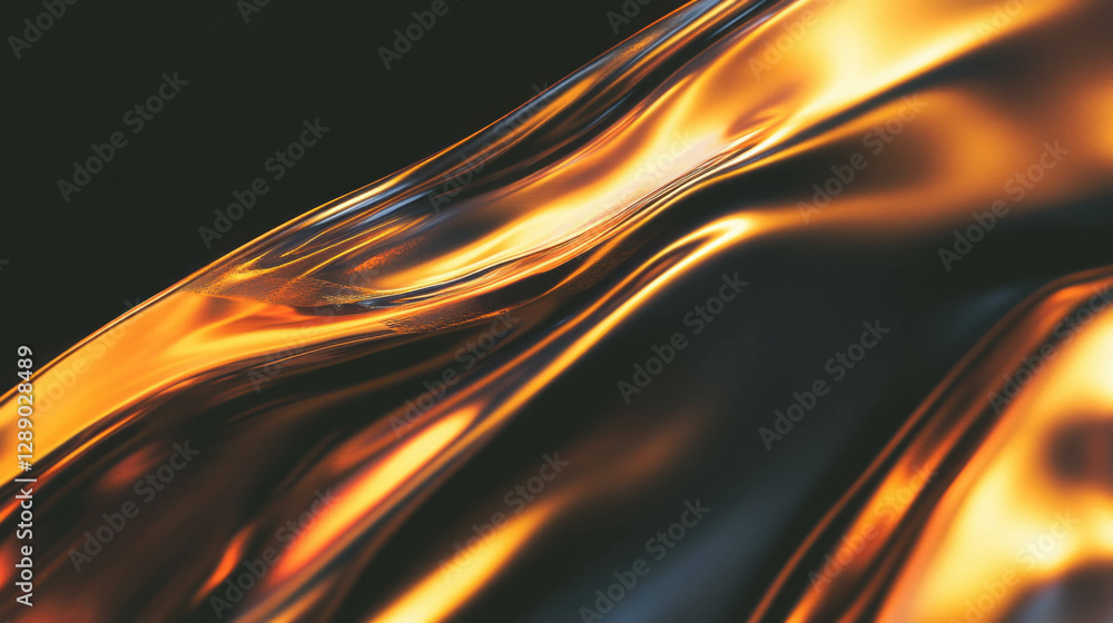 Poster fiery reflections on glossy metallic waves for abstract art design
