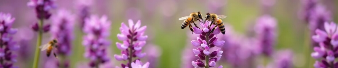 Golden honeybees buzzing around a field of violet wildflowers, colors,