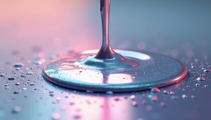 Metallic silver liquid dripping from a surface into a glittery pool, metallic foil texture, metallic, silver drips