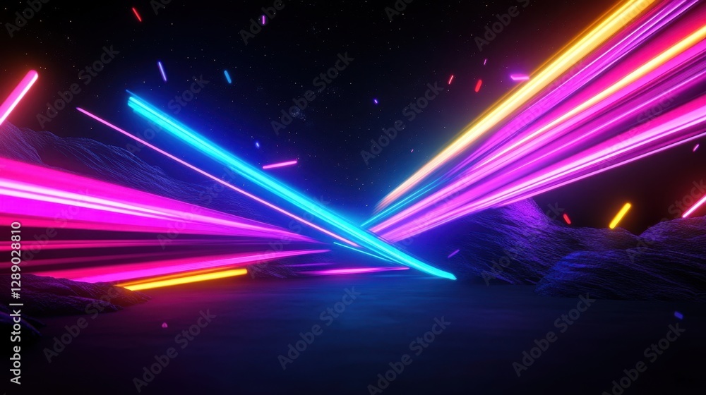 Poster dark abstract background with neon lines and scattered bokeh glows.