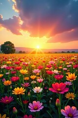 Fototapeta premium Sunset background with a field of colorful flowers swaying gently, flowers colors, gentle breeze, fields