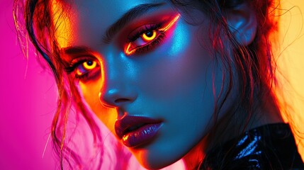 Fototapeta premium Vibrant portrait with glowing makeup and striking features.
