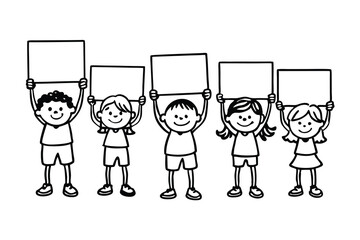Set of kids holding blank board coloring page, Many children hold blank boards Outline, line art boy and girl bundle vector illustration.
