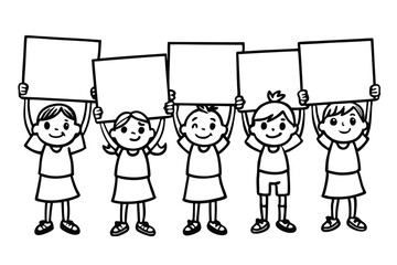 Fototapeta premium Set of kids holding blank board coloring page, Many children hold blank boards Outline, line art boy and girl bundle vector illustration.