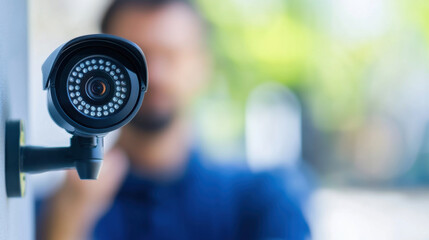 Home Invasion Prevention Concept. security camera is mounted on wall, monitoring surroundings vigilantly