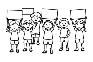 Set of kids holding blank board coloring page, Many children hold blank boards Outline, line art boy and girl bundle vector illustration.