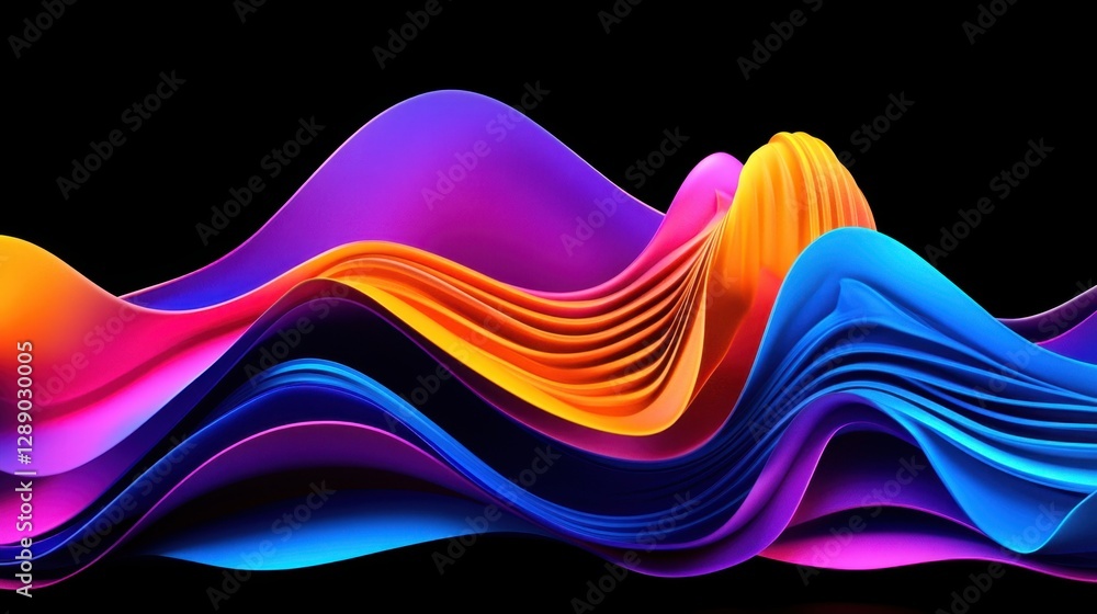 Poster a colorful wave of paper is shown in a black background. the colors are bright and vibrant, creating