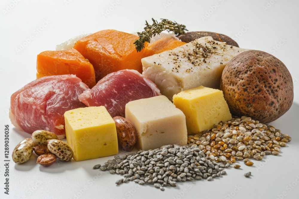 Aufkleber assortment of various foods arranged on a white surface, ideal for use in recipes or meal planning