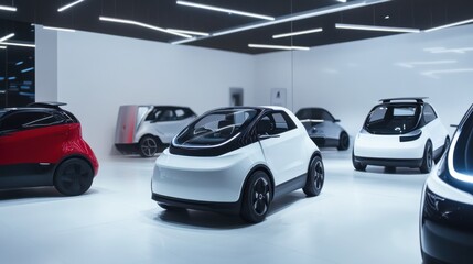 Obraz premium A car showroom displaying electric city cars. Featuring compact design and sustainability