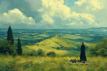 Fototapeta premium Dreamy impressionist landscape of rolling hills features figure contemplating chessboard amidst lush greenery. Concept evokes dreamy impressionist landscape of rolling hills