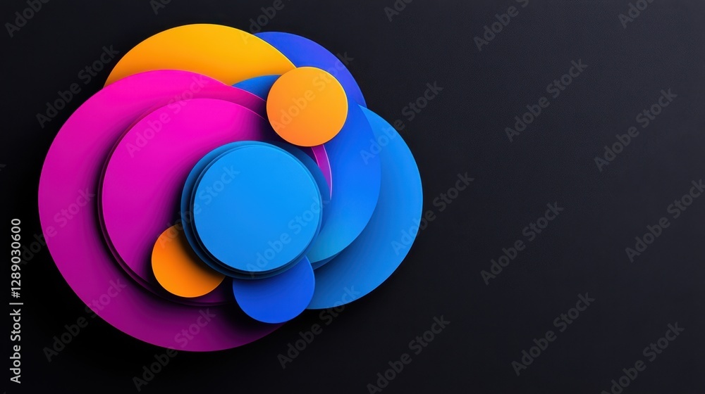Poster a colorful abstract design of circles and squares on a black background. the circles are of differen