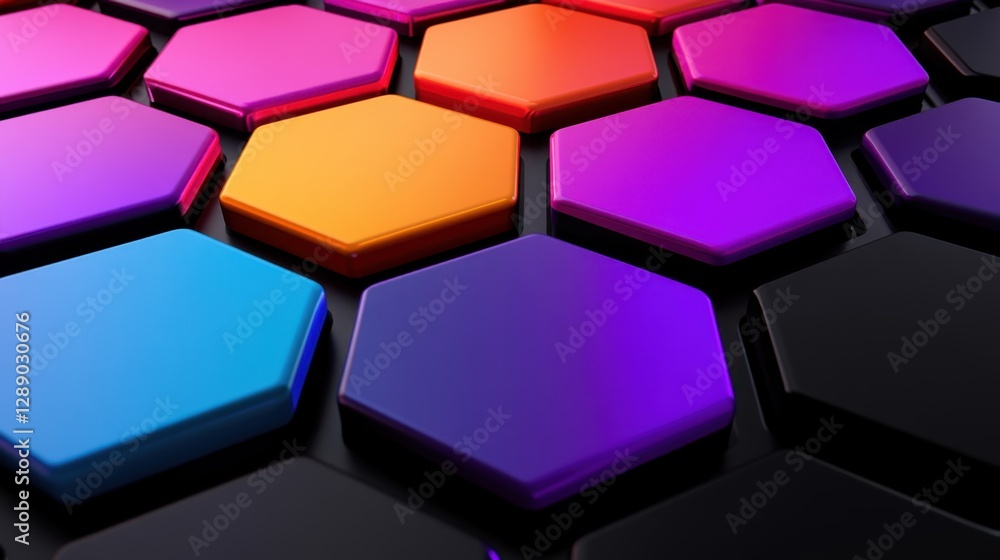 Poster color gradient hexagons on dark backdrop. progress visualization.