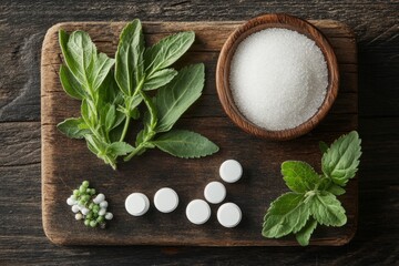 Various sweeteners on wooden board: stevia, sugar, tablets, and granules