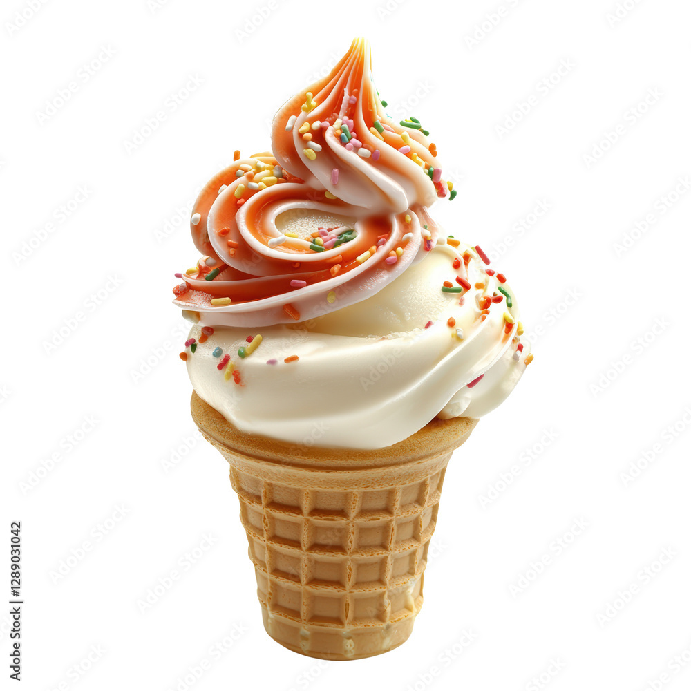 Poster cone of ice cream topped with colorful sprinkles on a wooden table in bright natural light isolated 