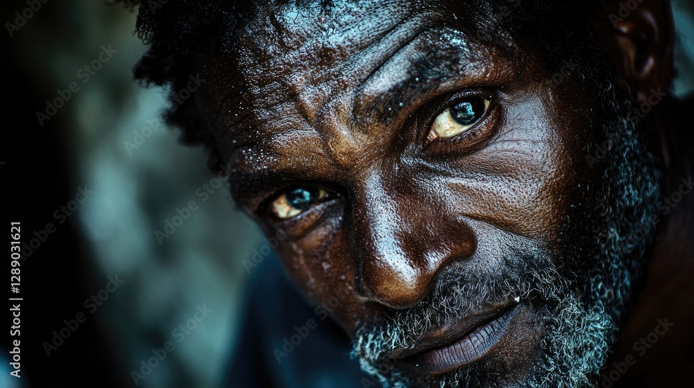 Poster a close-up shot of a man's face with a beard, suitable for portraits or editorial uses