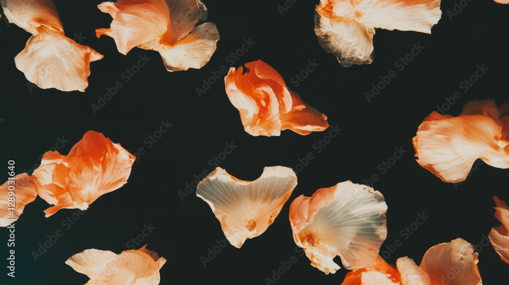 Poster floating blooming onion petals on dark background for culinary themes and design