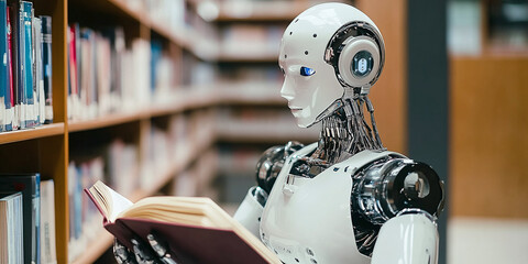 Fototapeta premium Robot Reading in Library: Conceptual image of technology and learning, showcasing artificial intelligence's pursuit of knowledge in a scholarly environment.