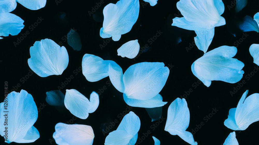 Poster delicate floating blue and white delphinium petals on dark background for nature and design