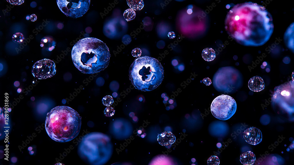 Poster Vibrant display of floating blueberries with bubbles on dark blue background